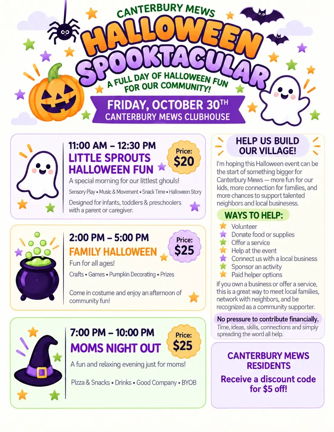 Canterbury Mews Halloween Spooktacular flyer: Little Sprouts Halloween Fun 11:00 AM to 12:30 PM, Family Halloween 2:00 to 5:00 PM, and Moms Night Out 7:00 to 10:00 PM, Friday October 30th at Canterbury Mews Clubhouse, with a $5 off discount code for Canterbury Mews residents.